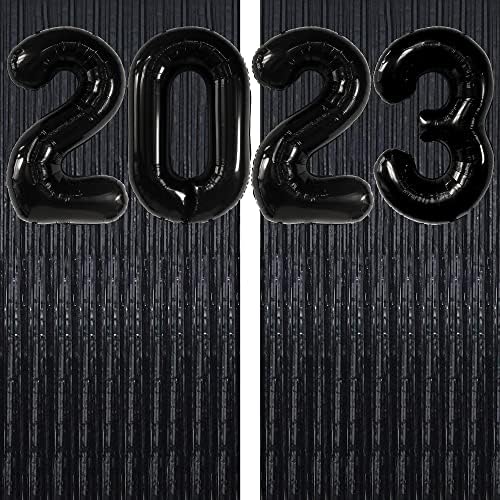 Katchon, Xtralarge תפאורה שולית שחורה - 6.4x8 רגל, חבילה של 2 עם מספרי בלונים שחורים 2023 - 40 אינץ '| רקע טינסל שחור | נייר כסף 2023